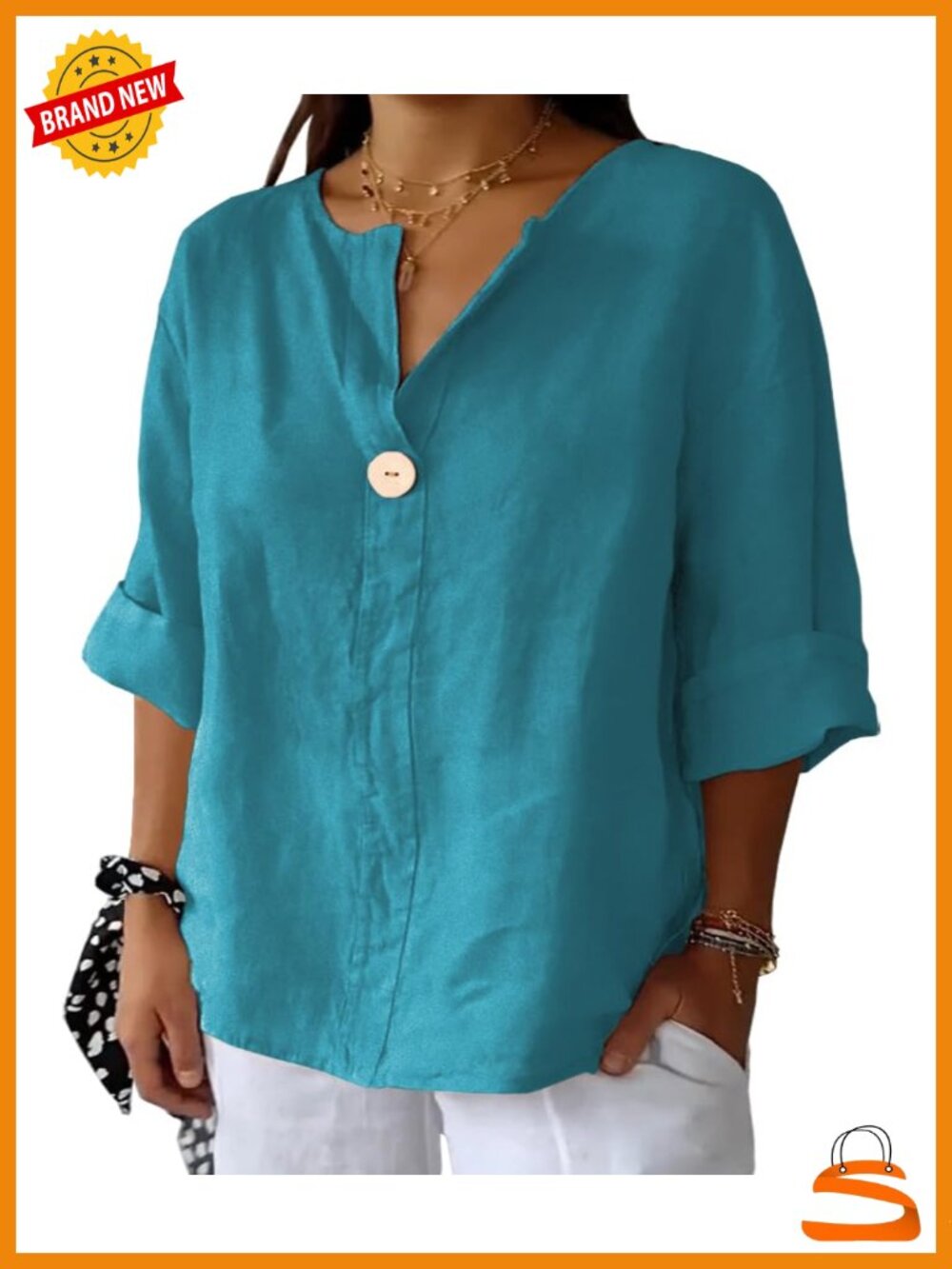 Women's Plus Size Linen Cotton V-Neck Button 3/4 Sleeve Blouse Tunic